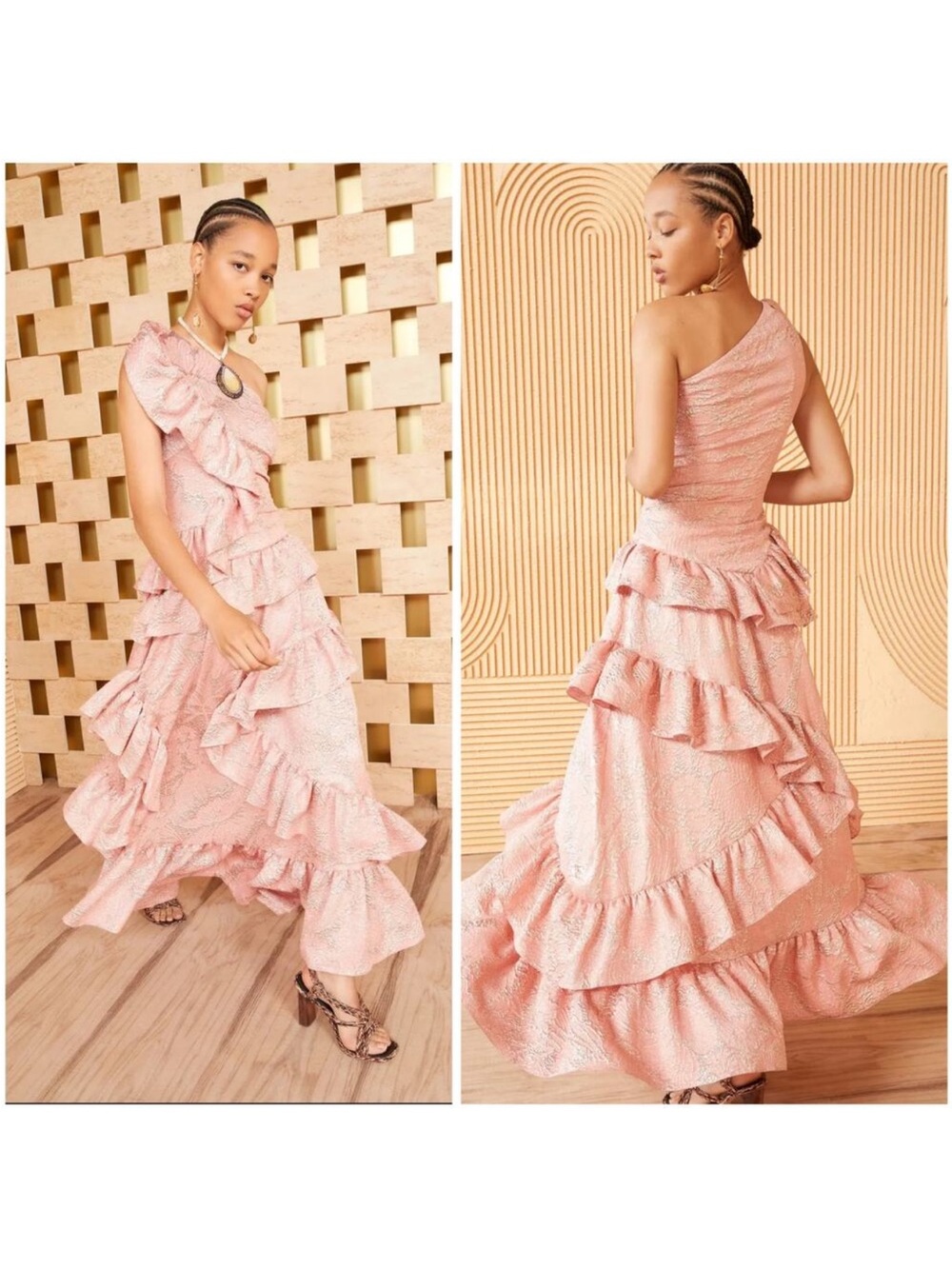 Ulla Johnson Ondine Pink Gold Tourmaline Metallic Rare Long Ruffle Gown 10 - NWT